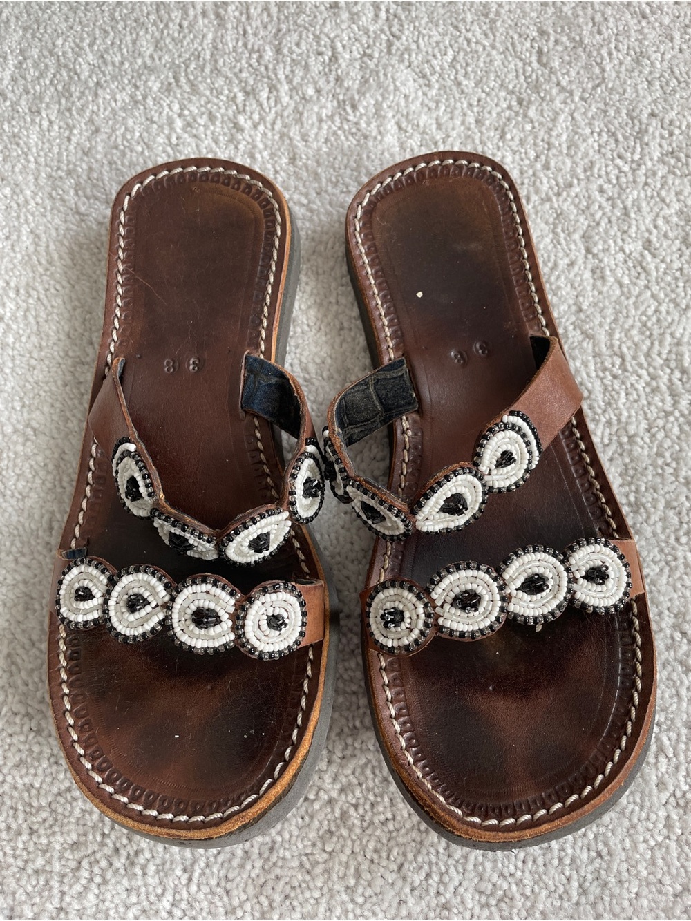 Brown Leather Beaded Slide Sandals